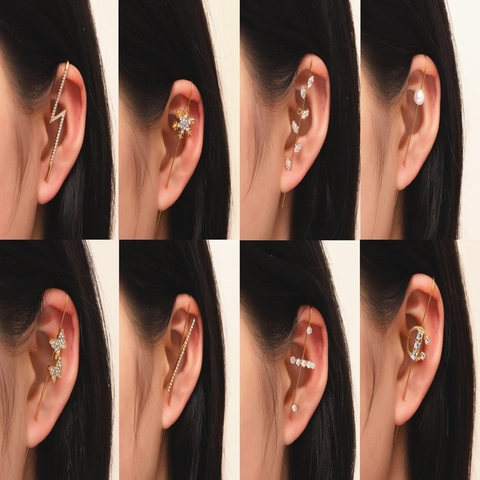 Alloy Rhinestone Butterfly Lightning Leaf Ear Crawler Earrings Elegant Artificial Pearl Snowflake Ear Cuffs Jewelry For Women Party