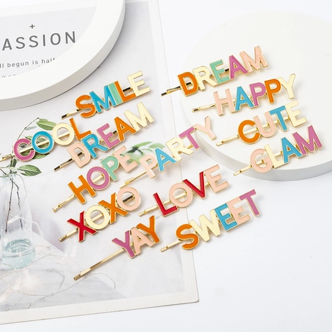 Colorful Enamel English Letter Word Hair Clips Alloy Gold Metal Bobby Pins Sweet Candy Color Bangs Side Clips For Women Girls Hair Accessories