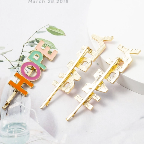 Colorful Enamel English Letter Word Hair Clips Alloy Gold Metal Bobby Pins Sweet Candy Color Bangs Side Clips For Women Girls Hair Accessories