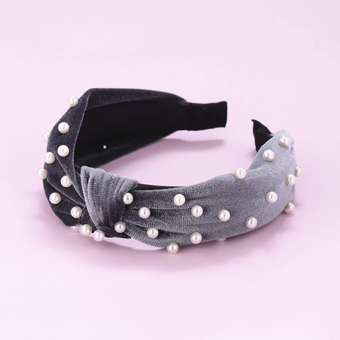 Cerchietto da Donna Retro in Velluto con Nodo e Perle Artificiali Tinta Unita Largo Moda Capelli Elegante Fatto a Mano