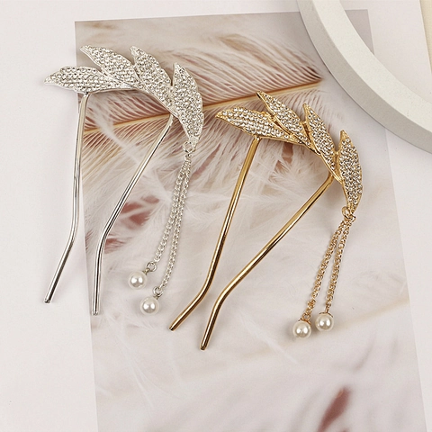 Elegante Bastoncino per Capelli in Lega con Foglia di Strass e Nappa di Künstliche Perle Vintage Oro Argento Forcina a U per Matrimonio Festa Donna