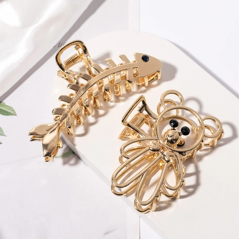 Mode Metall Bär Und Fischgräte Haarklammer Für Damen Legierung Strass Große Rutschfeste Haarklemme Gold Silber Zubehör
