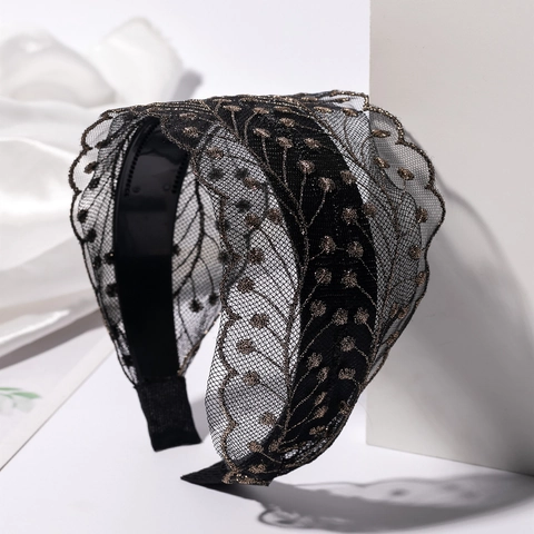 Eleganter Breitkrempiger Schwarzer Spitze Bestickter Haarreif Gold Silber Blattmuster Haarband Für Damen Mode Haarschmuck