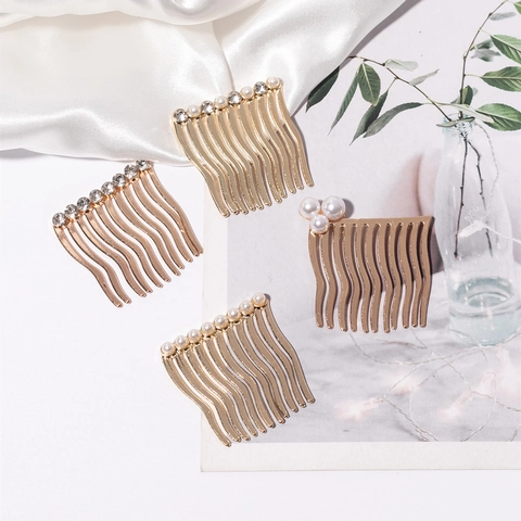 Elegant Gold Alloy Hair Comb With Artificial Pearl And Rhinestone Wavy Tooth Hair Insert For Women Fashion Hair Accessories