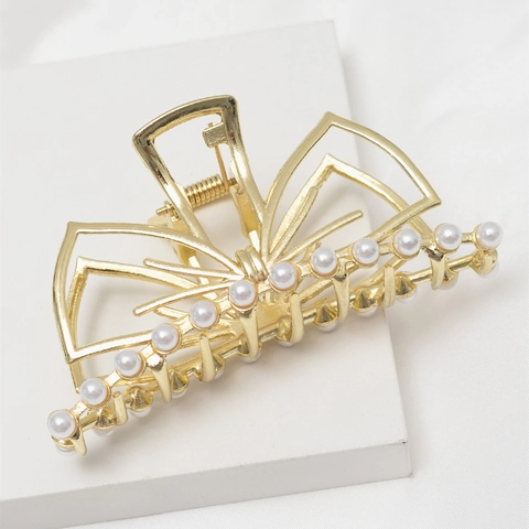 Elegant Golden Zinc Alloy Bowknot Hair Claw Clip With Artificial Pearl Embellishment Large Metal Shark Clip For Women Jewelry