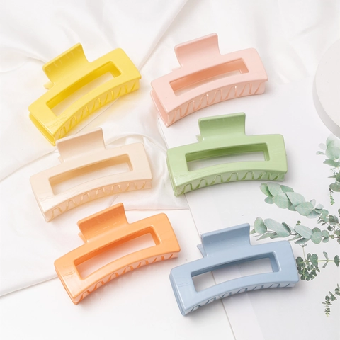 Women Large Rectangular Hollow Hair Claw Clip Plastic Glossy Lacquered Shark Clip Fashion Hair Fixing Accessory For Daily Use
