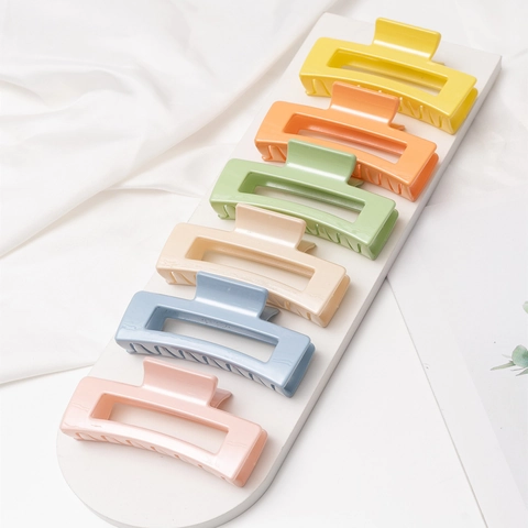 Women Large Rectangular Hollow Hair Claw Clip Plastic Glossy Lacquered Shark Clip Fashion Hair Fixing Accessory For Daily Use