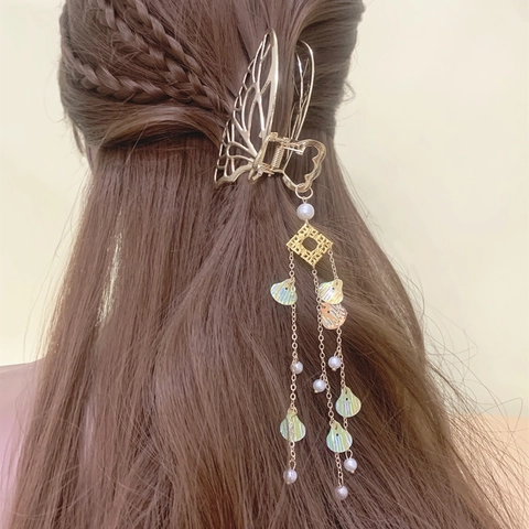 Pinza de Garra de Mariposa de Aleación Elegante Con Borla Larga y Perla Artificial Clip de Oro para Mujer Joyería Tradicional