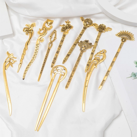 Vintage Chinese Style Alloy Gold Hair Stick Floral Carp Fox Patterns Traditional Hollow Hair Accessories For Women Jewelry