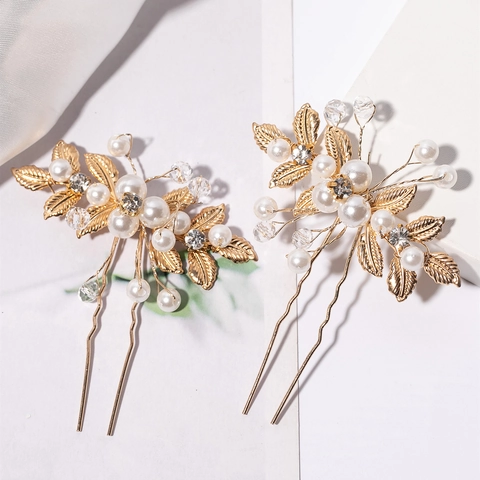 Set di 2 Fermagli per Capelli da Sposa in Stile Coreano con Foglie e Fiori Perla Artificiale Strass Forma a U Lega Gioielli Donna