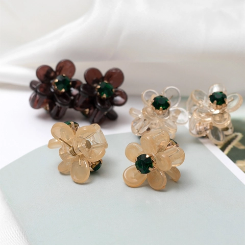 Mini Flower Hair Claw Clips With Green Rhinestone Center Resin Small Bangs Clips For Women Girls Headwear Hair Accessories