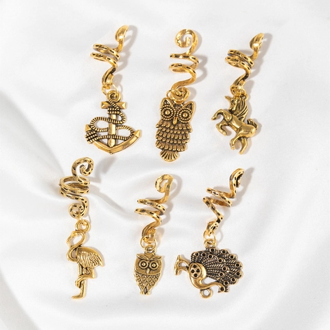 Vintage Gold Alloy Spiral Hair Clips For Dreadlocks Bohemian Owl Unicorn Flamingo Peacock Anchor Hair Accessories Women