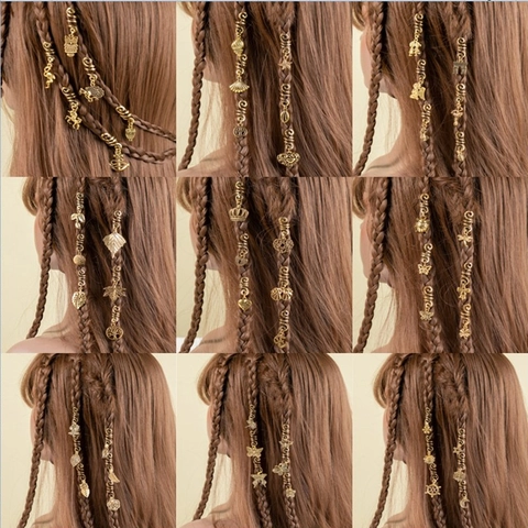 Pinzas para el Pelo Espiral Dorado Bohemio Accesorios Dreadlock Con Colgantes Vintage Hoja Mariposa Corazón Estrella de Mar Mujer