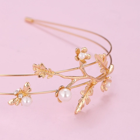 Elegant Double Layer Gold Alloy Hairband With Artificial Pearl Rhinestone Tree Branch Leaf Flower Bee Design For Women Wedding