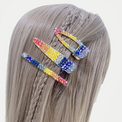 Elegant Rainbow Crystal Hair Clips For Women Gold Alloy Gradient Rhinestone Duckbill Hairpin Stylish Hair Accessories