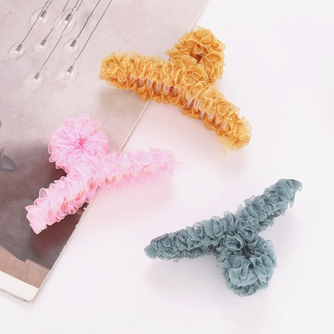 Pinza para el Cabello de Organza con Volantes Grande para Mujer Color Sólido Mesh Shark Clip Elegante Accesorios para el Cabello Estilo Coreano