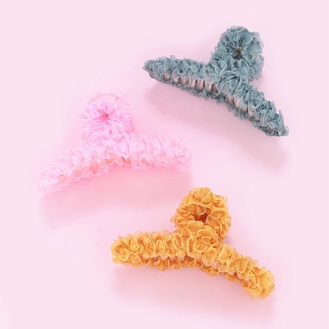 Pinza para el Cabello de Organza con Volantes Grande para Mujer Color Sólido Mesh Shark Clip Elegante Accesorios para el Cabello Estilo Coreano