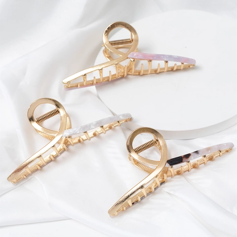 Large Gold Alloy Claw Clip For Women Elegant Marble Pattern Acetate Inlay Shark Hair Clip Fashion Hair Accessories