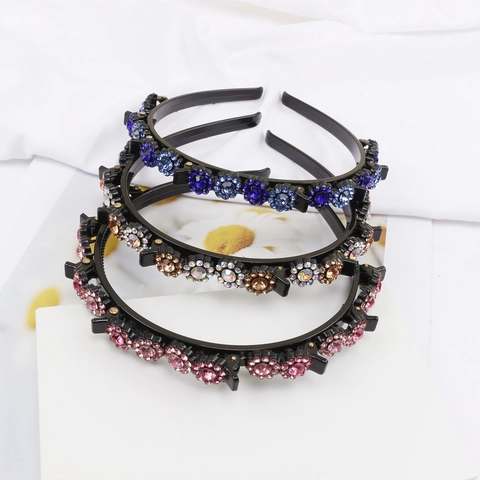 Rhinestone Sunflower Double Layer Headband With Braiding Clips Anti-Slip Plastic Hairband Fashion Hair Accessories For Women