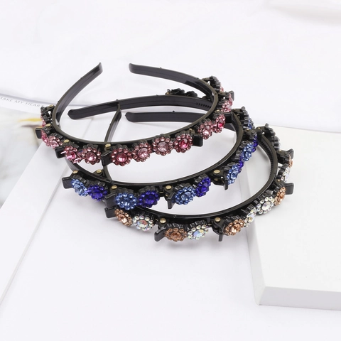 Rhinestone Sunflower Double Layer Headband With Braiding Clips Anti-Slip Plastic Hairband Fashion Hair Accessories For Women