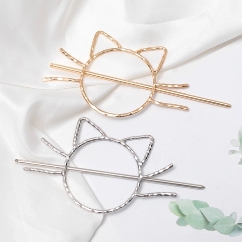 Set di Bastoncini per Capelli in Lega a Forma di Gatto Minimalista Con Forcina in Metallo con Texture Martellata per Donna Accessori Capelli