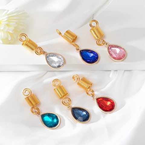 Vintage Gold Alloy Dreadlock Hair Accessories Spiral Hair Coil With Rhinestone Water Drop Pendant Braid Jewelry For Women