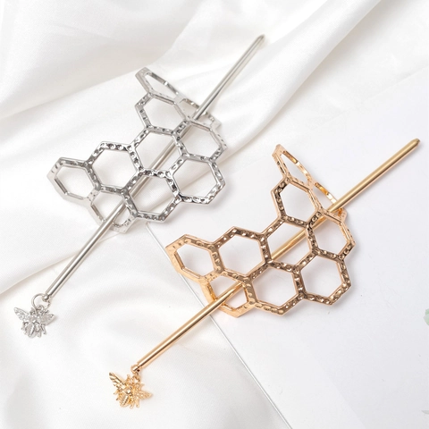 Vintage Legierung Bienenwabe Haarstab Mit Bienenanhänger Sechseck Hohl-Design Haarnadel Elegante Metall Haargabel Damen Haarschmuck