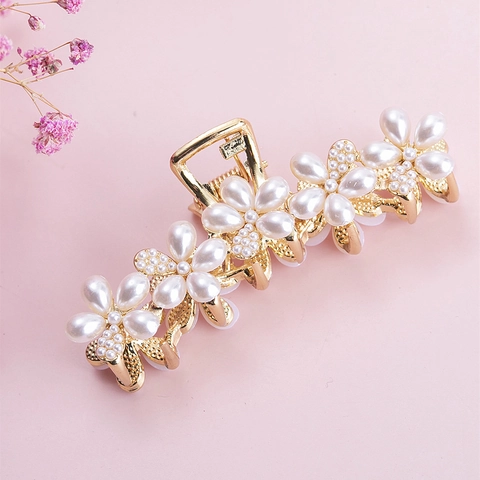 Pinza para el Cabello de Perla Artificial con Flores Elegantes Pinza de Tiburón de Aleación de Oro Grande Horquilla Retro Francesa para Mujer Accesorios para el Cabello de Fiesta Diaria