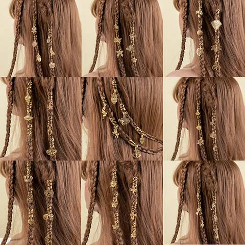 Alloy Antique Gold Spiral Braid Cuffs Dreadlock Charms Hair Pendants For Women Girls Boho Style Butterfly Leaf Hair Accessory