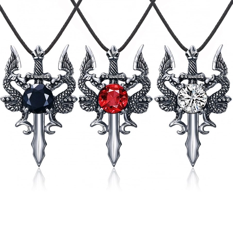 Collana con Ciondolo Spada di Dragone Gotico Vintage Pietra Tonda Lega Acciaio Inossidabile Cordino in Cuoio Uomo Gioielli