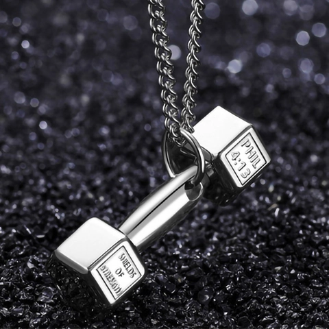 Fitness Dumbbell Pendant Necklace Alloy Engraved Phil 4 13 Gym Jewelry Sporty Style For Men Women Gold Silver Black Color