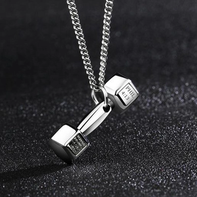 Fitness Dumbbell Pendant Necklace Alloy Engraved Phil 4 13 Gym Jewelry Sporty Style For Men Women Gold Silver Black Color