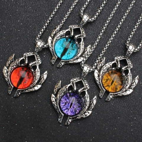 Gothic Evil Eye Pendant Necklace Alloy Skull Horn Dragon Eye Stainless Steel Box Chain For Halloween Party Unisex Jewelry Gift