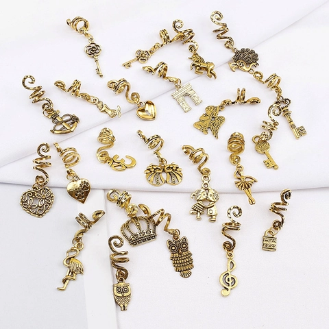 Alloy Antique Gold Spiral Braid Cuffs Dreadlock Charms Hair Pendants For Women Girls Boho Style Butterfly Leaf Hair Accessory