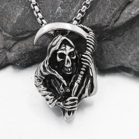 Collana con Ciondolo Triste Mietitore Gotico Acciaio Inossidabile Retro Punk Scheletro Falce Veneziana Uomo Donna Halloween