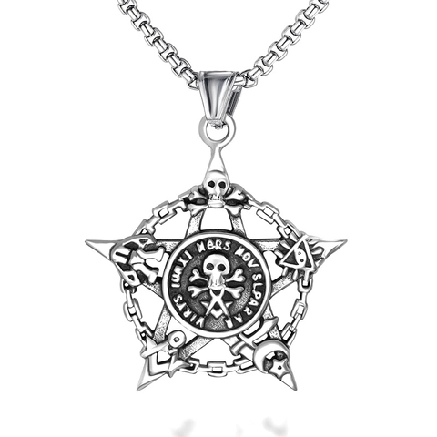 Gothic Retro Edelstahl Totenkopf Pentagramm Anhänger Halskette Für Herren Damen Unisex Punk Geheimnisvolles Okkultes Symbol Antiksilber Legierung Schmuck Kette