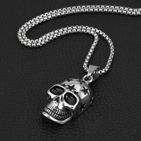 Gothic Punk Skull Star Pendant Necklace For Men Women Hip Hop Titanium Steel Box Chain Gold Silver Stainless Steel Jewelry