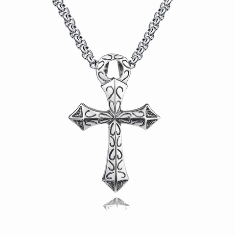 Gothic Cross Pendant Necklace For Men Women Stainless Steel Alloy Engraved Scroll Relief Retro Hip Hop Punk Streetwear Jewelry