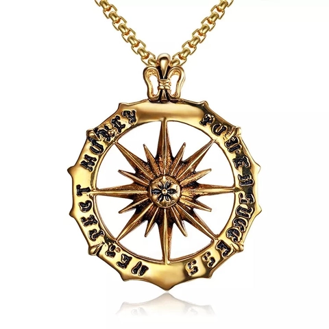 Hip Hop Sun God Starburst Pendant Necklace For Men Alloy Rhinestone Engraved Money Success Retro Compass Jewelry Necklace