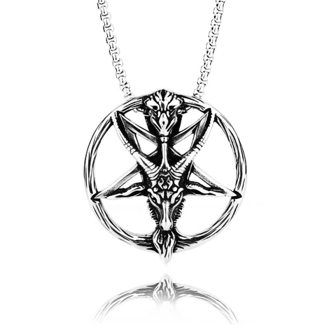 Vintage Gothic Baphomet Pentagram Pendant Necklace Stainless Steel Chain Oxidized Religious Jewelry For Men Women