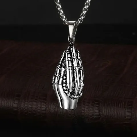 Roestvrij Stalen Ketting Met Biddende Handen Hanger Legering Gotische Religieuze Sieraden Antiek Zilver Medaillon Voor Heren Dames