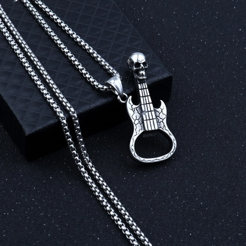 Men Vintage Punk Rock Skull Guitar Pendant Necklace With Stainless Steel Chain Functional Bottle Opener Jewelry For Music Fans Gift