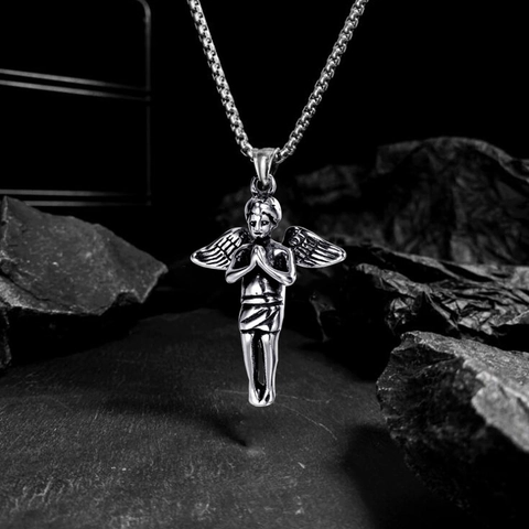 Vintage Praying Angel Pendant Necklace With Stainless Steel Box Chain Hip Hop Streetwear Jewelry For Men And Women