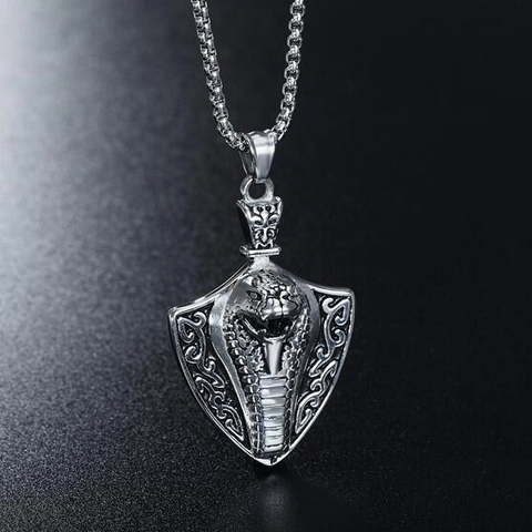 Vintage Punk Cobra King Pendant Necklace Stainless Steel Antique Silver Shield Snake Head Gothic Hip Hop Men Jewelry Accessory
