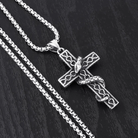Gothische Slang Kruis Hanger Halsketting Roestvrij Staal Retro Antiek Zilver Slang Om Kruis Gewikkeld Punk Sieraden Voor Mannen Vrouwen