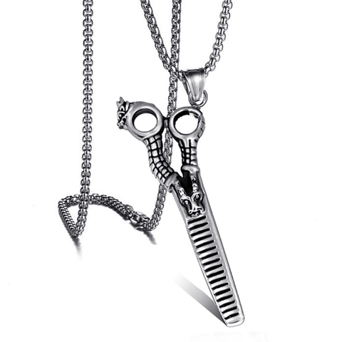 Stainless Steel Scissor Comb Pendant Necklace Dragon Carving Punk Rock Jewelry For Men Women Barber Gift Cool Neckwear