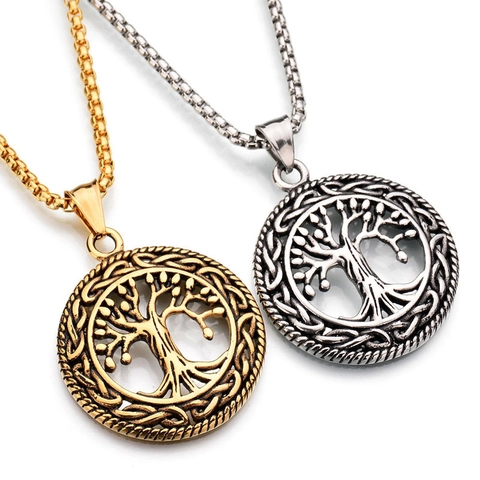 Collar con Colgante Árbol de la Vida de Acero Inoxidable Vintage Nudo Celta Calado Cadena de Caja Redonda Hombres Mujeres Joyería Espiritual Regalo