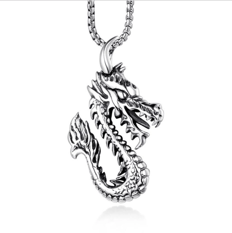 Vintage Draak Hanger Halsketting Met Roestvrij Staal Box Ketting Legering Mythisch Wezen Totem Hip Hop Rock Sieraden Voor Mannen Vrouwen