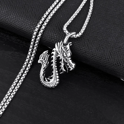 Vintage Draak Hanger Halsketting Met Roestvrij Staal Box Ketting Legering Mythisch Wezen Totem Hip Hop Rock Sieraden Voor Mannen Vrouwen