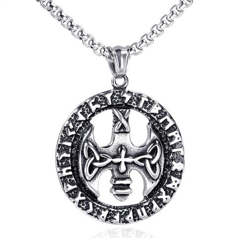 Viking Nordic Rune Axe Cross Pendant Necklace For Men Women Stainless Steel Box Chain Celtic Knot Retro Silver Jewelry